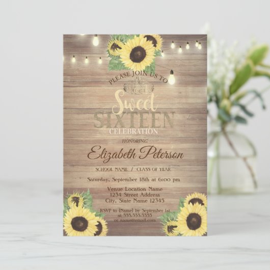 Rustikale Lichter, Tiara, Sonnenblumen Süß 16 Part Einladung (Stehend Vorderseite)