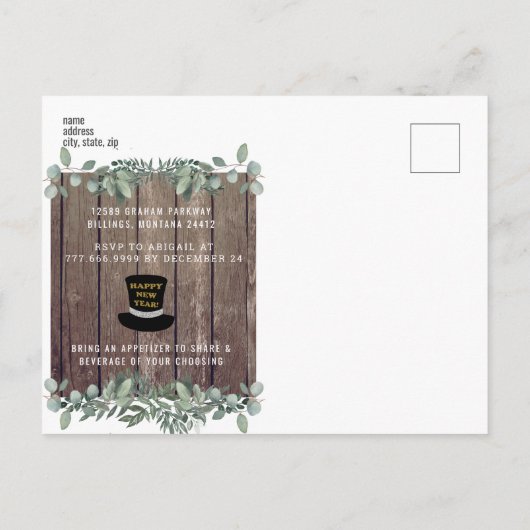 Rustikale Lichter & Wood Neujahr Party Einladungspostkarte (Rückseite)
