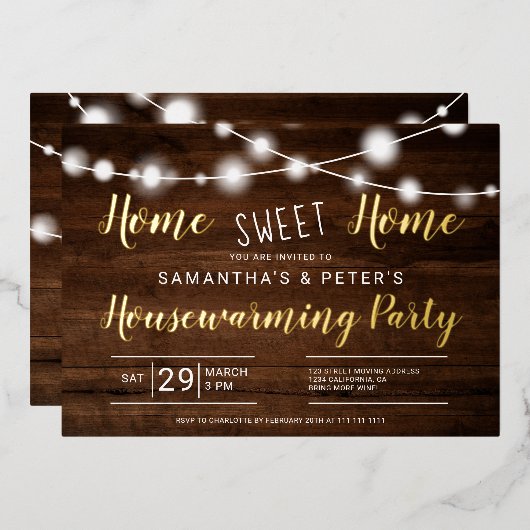 Rustikale Lichter Zuhause Süßes Zuhause-Haus Erwär Folieneinladung (Vorderseite/Rückseite)