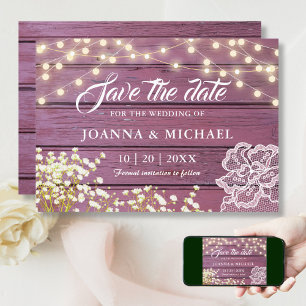 Rustikale Lichterkette aus violettem Holz & Spitze Save The Date