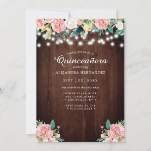 Rustikale Lichterkette Blush Blumen Quinceañera Einladung