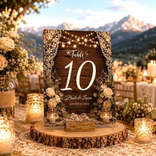 Rustikale Lichterkette Holz Kerzen Spitze Hochzeit Tischnummer