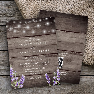 Rustikale Lichterkette Lavendel QR-Code Hochzeit Einladung