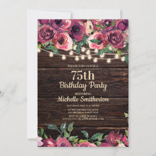 Rustikale Lichterkette Lila Blumen 75. Geburtstag Einladung