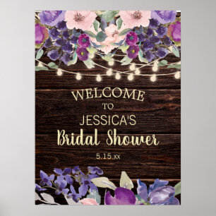 Rustikale Lichterkette Lila Floral Brautparty Poster