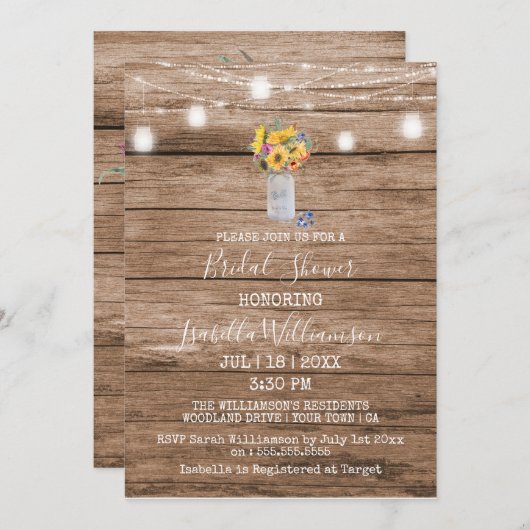 Rustikale Lichterkette & Mason Jar Brautparty Einladung (Vorne/Hinten)