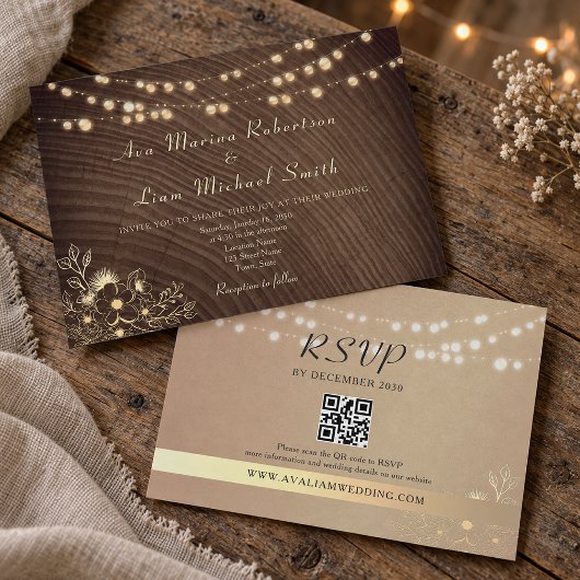 Rustikale Lichterkette QR-Code Hochzeit Einladung
