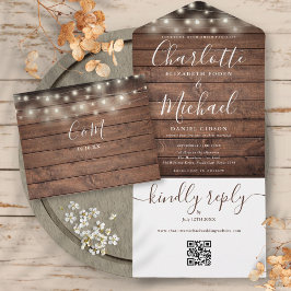 Rustikale Lichterkette QR-Code Monogramm Hochzeit All In One Einladung