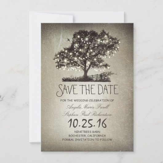 Rustikale Lichterketten-Baum Save-the-Date-Karten Save The Date (Vorderseite)
