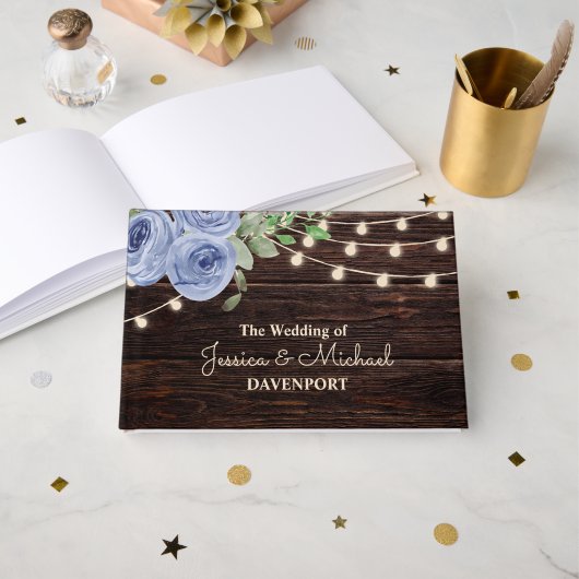 Rustikale Lichterketten Blaue Blumen Hochzeit Gästebuch (Vorderseite Offen)