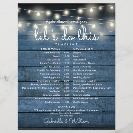 Rustikale Lichterketten Hochzeitsplan Zeitachse (Vorderseite)