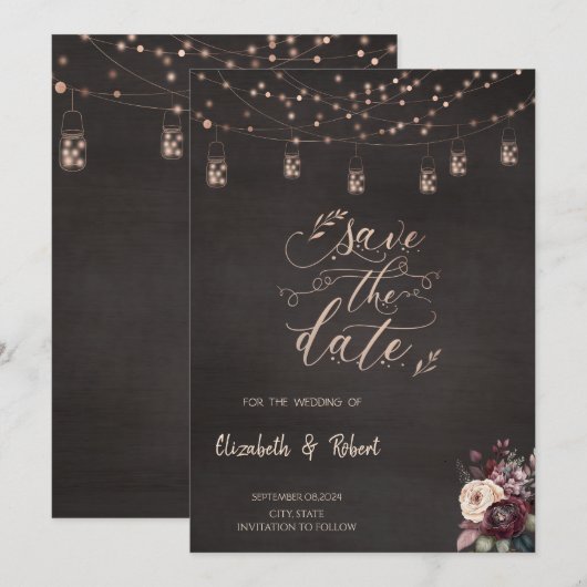 Rustikale Lichterketten Rosen Save The Date (Vorne/Hinten)