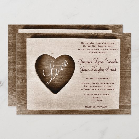 Rustikale Liebe mit Baumbestand Herz Einladung (Vorne/Hinten)
