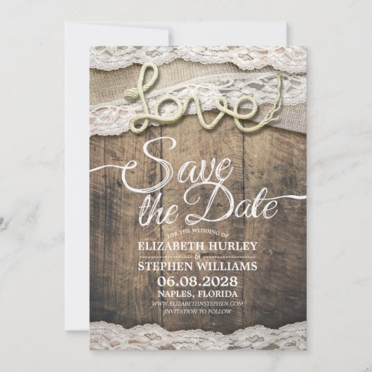 Rustikale Liebe Rope Burlap Lace Wedding retten da Save The Date (Vorderseite)