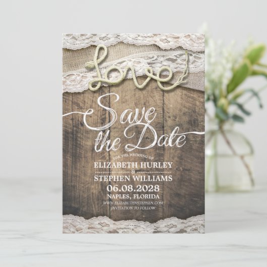 Rustikale Liebe Rope Burlap Lace Wedding retten da Save The Date (Stehend Vorderseite)