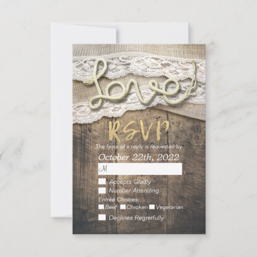 Rustikale Liebe Rope Burlap Lace Wedding RSVP Antw (Vorderseite)