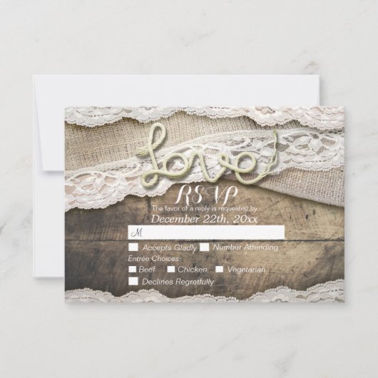 Rustikale Liebe Rope Burlap Lace Wedding RSVP Antw Karte (Vorderseite)