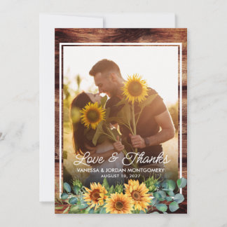 Rustikale Liebe und Dank Sonnenblumen Hochzeitsfes Dankeskarte