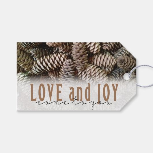 Rustikale Liebe und Joy Pine Cone Geschenkanhänger (Vorderseite (Horizontal))