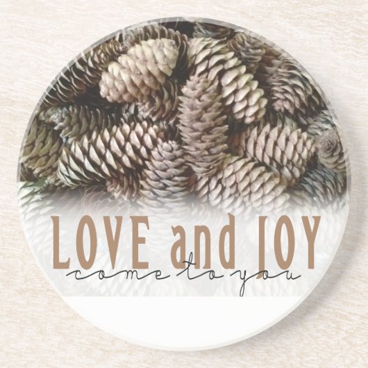 Rustikale Liebe und Joy Pine Cone Sandstein Untersetzer (Vorne)