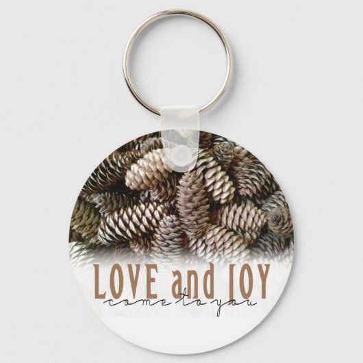 Rustikale Liebe und Joy Pine Cone Schlüsselanhänger (Vorderseite)