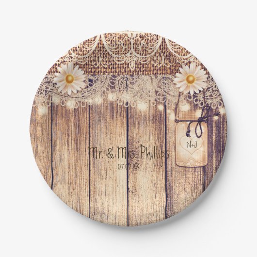 Rustikale Lighted Mason Jars Daisies & Lace Weddin Pappteller (Vorderseite)
