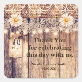 Rustikale Lighted Mason Jars Daisies & Lace Weddin Quadratischer Aufkleber