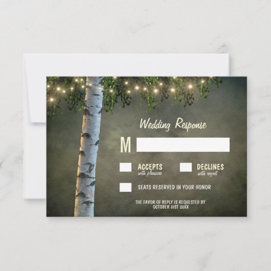 Rustikale Lights Birch Bark Tree Wedding RSVP Card Karte (Vorderseite)