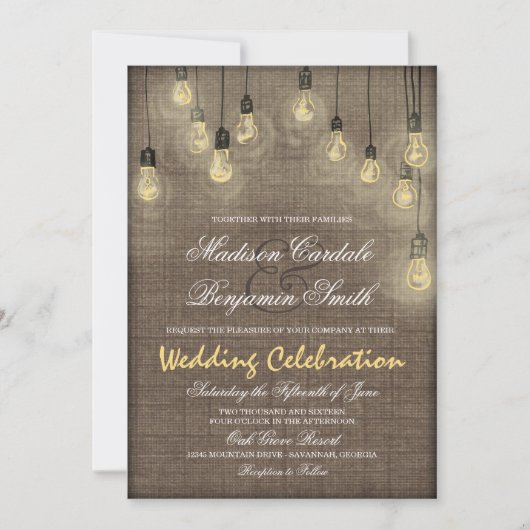 Rustikale Lights Burlap Hochzeitseinladungen Einladung (Vorderseite)