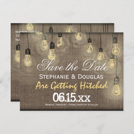 Rustikale Lights Burlap Save the Date Postkarten (Vorne/Hinten)