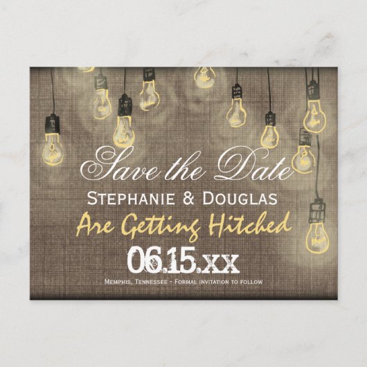 Rustikale Lights Burlap Save the Date Postkarten (Vorderseite)