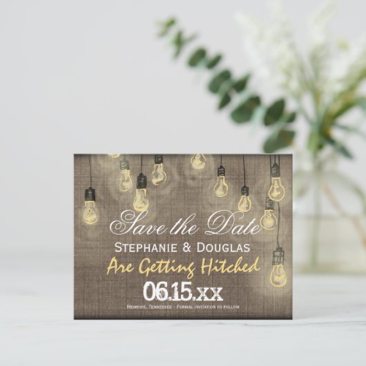 Rustikale Lights Burlap Save the Date Postkarten (Stehend Vorderseite)