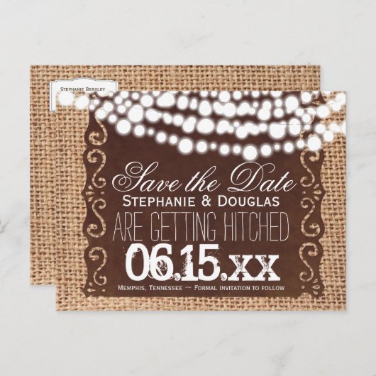 Rustikale Lights Burlap Save the Date Postkarten (Vorne/Hinten)