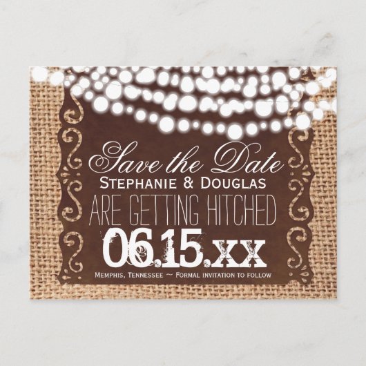 Rustikale Lights Burlap Save the Date Postkarten (Vorderseite)