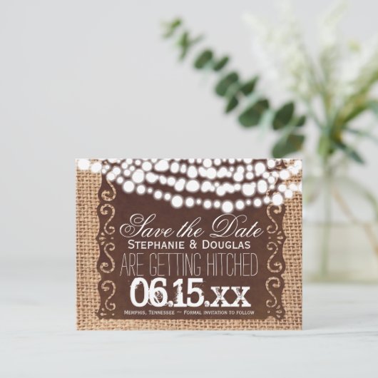 Rustikale Lights Burlap Save the Date Postkarten (Stehend Vorderseite)