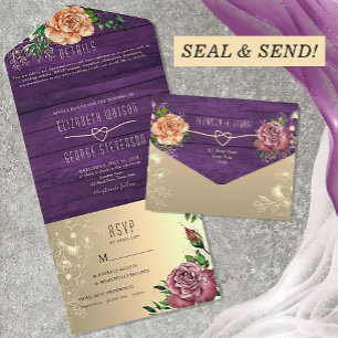 Rustikale lila Aquarell-Blumenhochzeit All In One Einladung