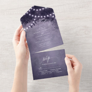 Rustikale lila Baum-Lichterkette Hochzeit All In One Einladung