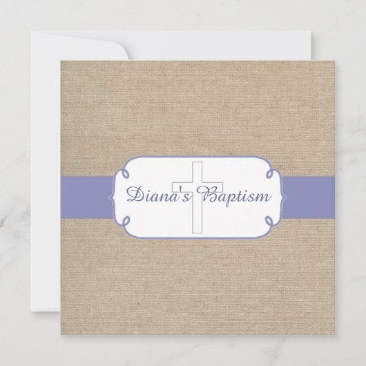 Rustikale Lila Beige Burlap Taufe Einladung (Vorderseite)