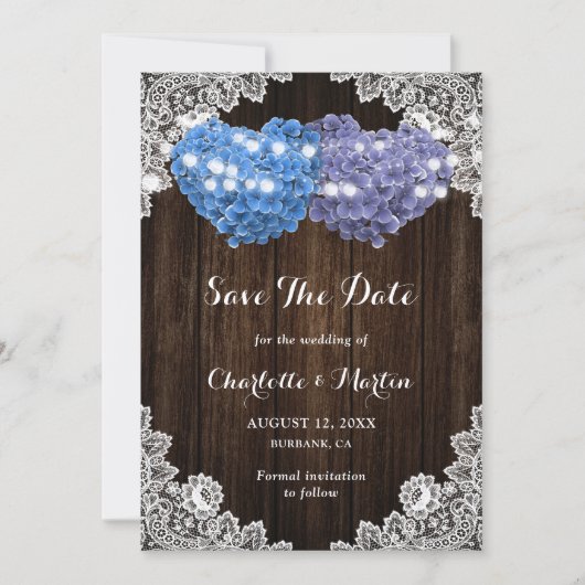 Rustikale lila blaue Hortensien-Hochzeit aus rusti Save The Date (Vorderseite)