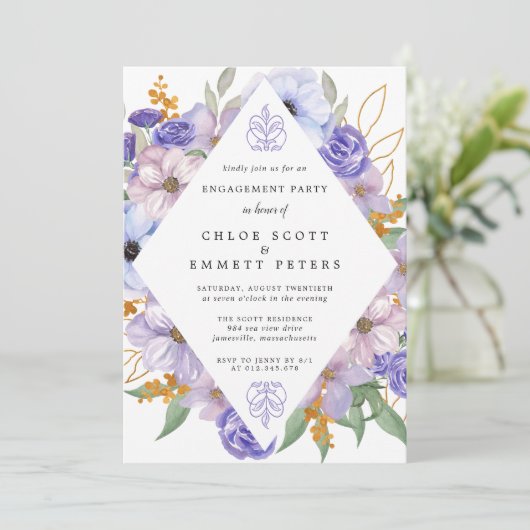 Rustikale Lila Blue Gold Floral Engagement Party Einladung (Stehend Vorderseite)