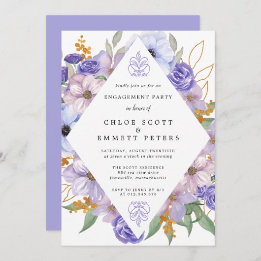 Rustikale Lila Blue Gold Floral Engagement Party Einladung (Vorne/Hinten)