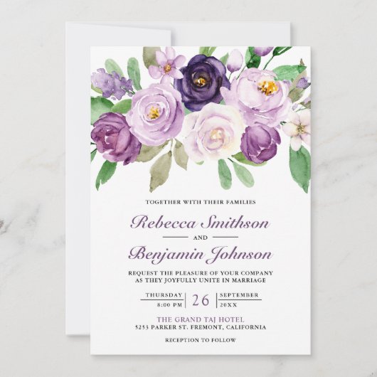 Rustikale Lila Blumenfoto-Collage QR-Code Hochzeit Einladung (Vorderseite)