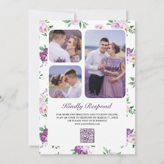 Rustikale Lila Blumenfoto-Collage QR-Code Hochzeit Einladung (Rückseite)