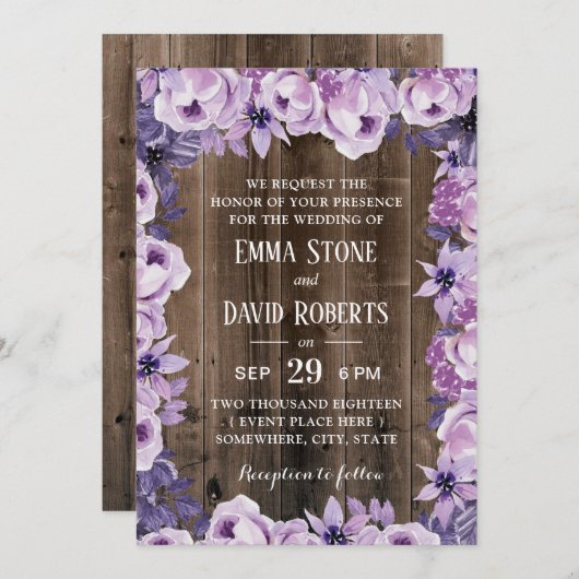Rustikale Lila Blumengestelle Eleganter Barnerheir Einladung (Vorne/Hinten)