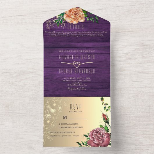 Rustikale Lila Blumenhochzeit All In One Einladung (Innen Boden)