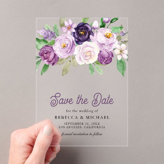 Rustikale Lila Blumenhochzeit rettet das Datum Acryleinladungen (Insitu (Handheld))