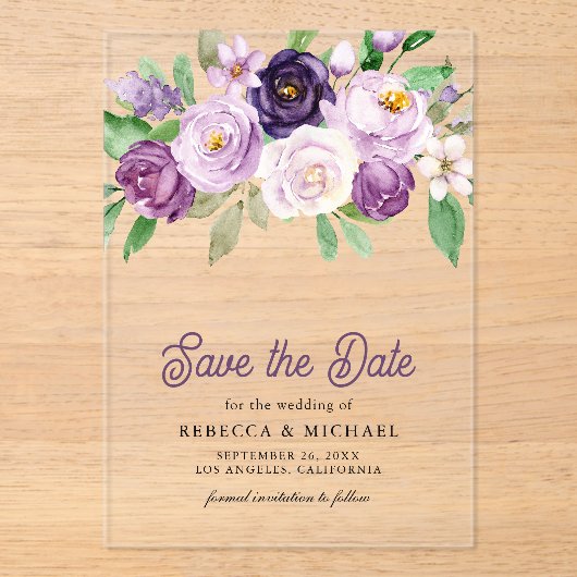 Rustikale Lila Blumenhochzeit rettet das Datum Acryleinladungen (Vorderseite)