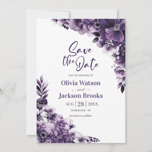 Rustikale Lila Blumenhochzeit rettet das Datum Einladung (Vorderseite)