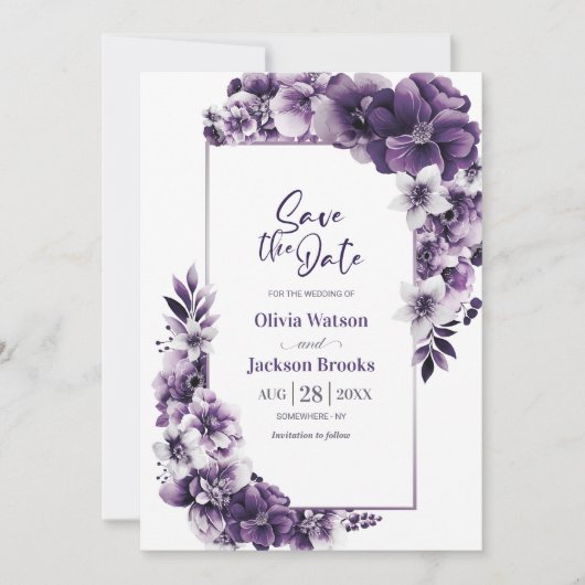 Rustikale Lila Blumenhochzeit rettet das Datum Save The Date (Vorderseite)