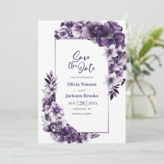 Rustikale Lila Blumenhochzeit rettet das Datum Save The Date (Stehend Vorderseite)
